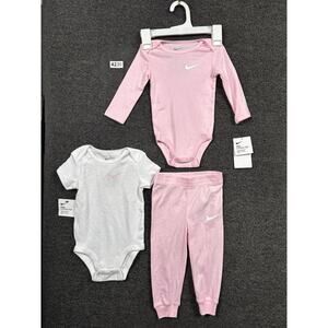 Nike 3-Piece Set Baby Girls 12M Pink White Bodysuits Pants Outfit Swoosh Logo